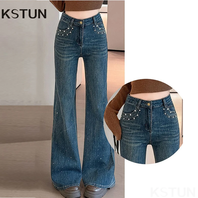 KSTUN Retro Blue Sequined Flared Jeans for Women High Waist Bell-Bottoms Pants Stretch Vintage Streetwear Hot Girl Long Trousers