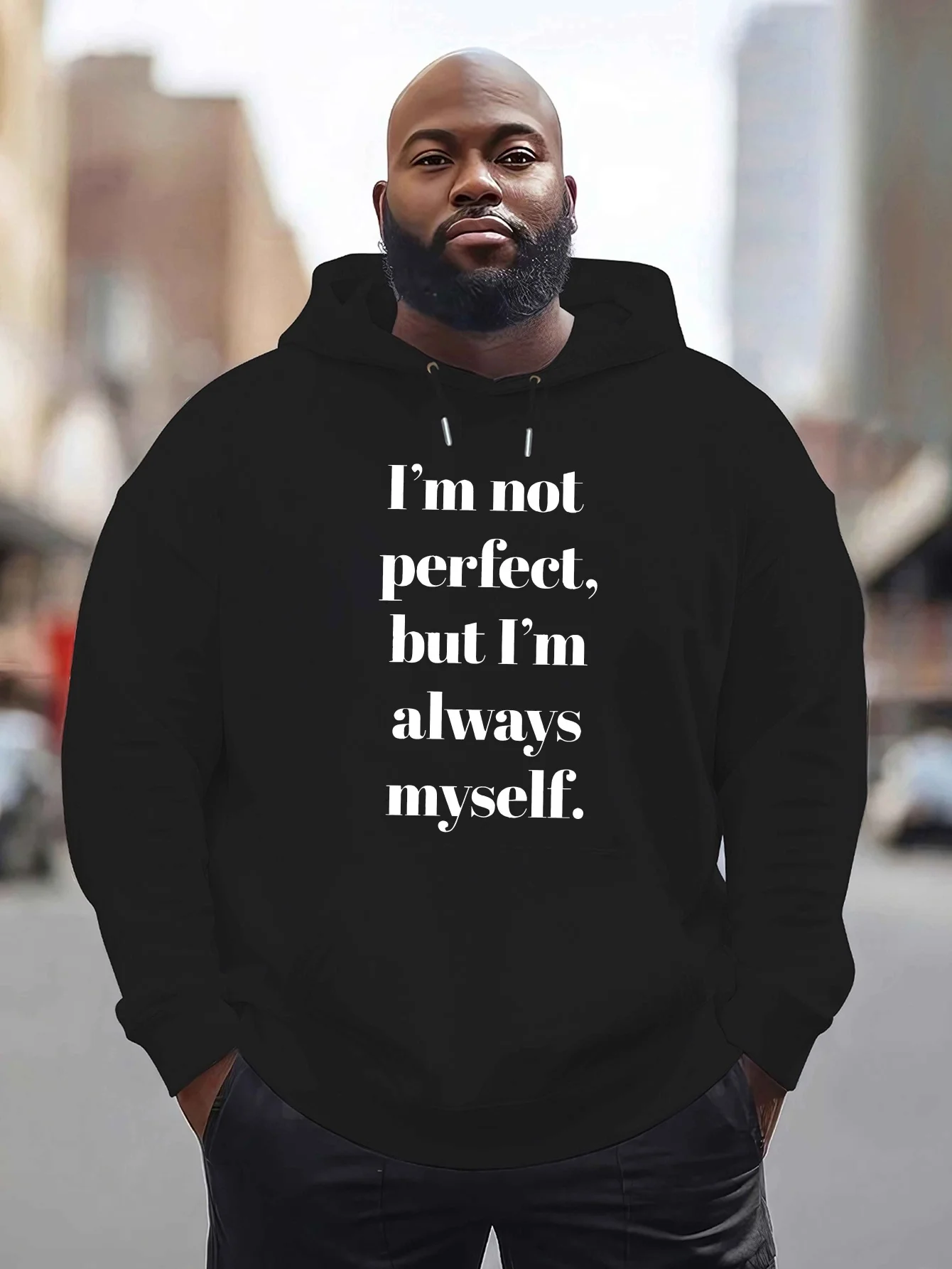 A men's casual hooded sweatshirt, with the slogan 