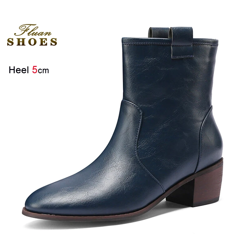 

Woman PU Leather Slip-on Short Boots 5CM Block Heels Women Round Toe Casual Booties Mujer Fashion Autumn Winter Shoes Size 35-43