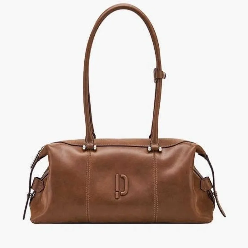 

New Tanned Leather Clown Bowling Bag Oil Wax Long Handle Handbag Underarm Commuter Shoulder Bag French Stick Boston Bag