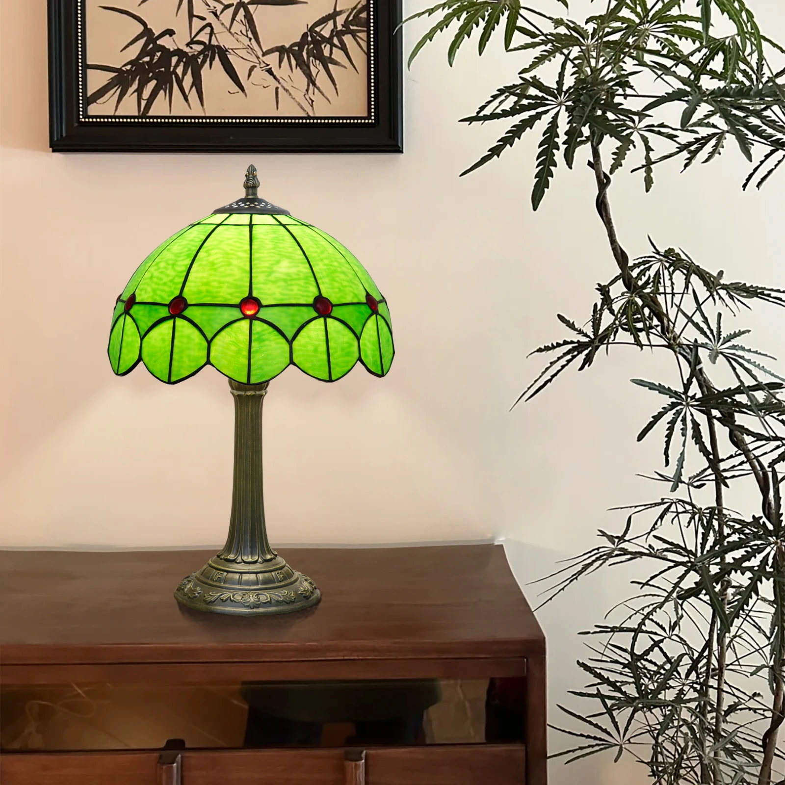 Tiffany Lamp Stained Glass Table Lamp 12 Inches Green Desk Reading Light Decor Beside Bedroom Living Room Home Christmas Gift