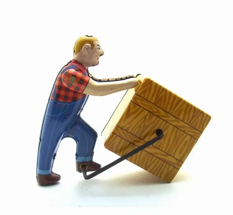 [Funny] Adult Collection Retro Wind up toy Metal Tin wharf Worker is working Move box Clockwork toy figures model vintage toy