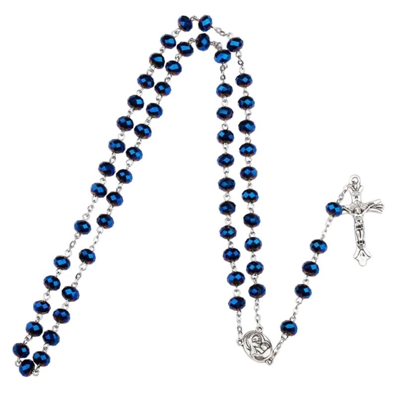 D8KF Blue Crystal Beads Catholic Rosary Necklace Holy Land Baby Religious for Cross Necklaces Men Women Jewelry Charm Christmas