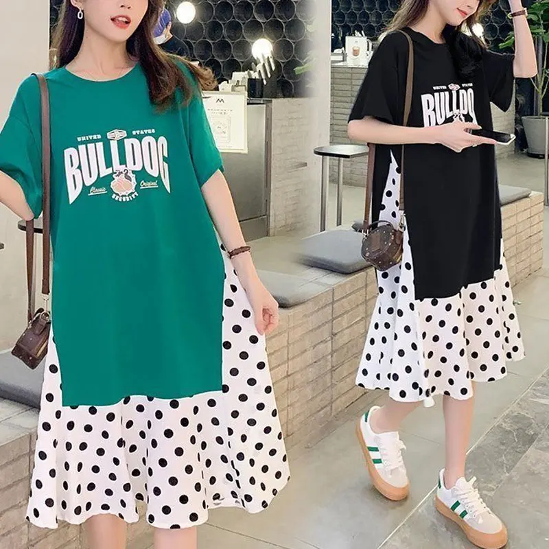 

Fashion Letter Patchwork Polka Dot Dresses Summer Female Clothing Fake Two Pieces Casual O-Nec Commute Loose Straight Midi Dress