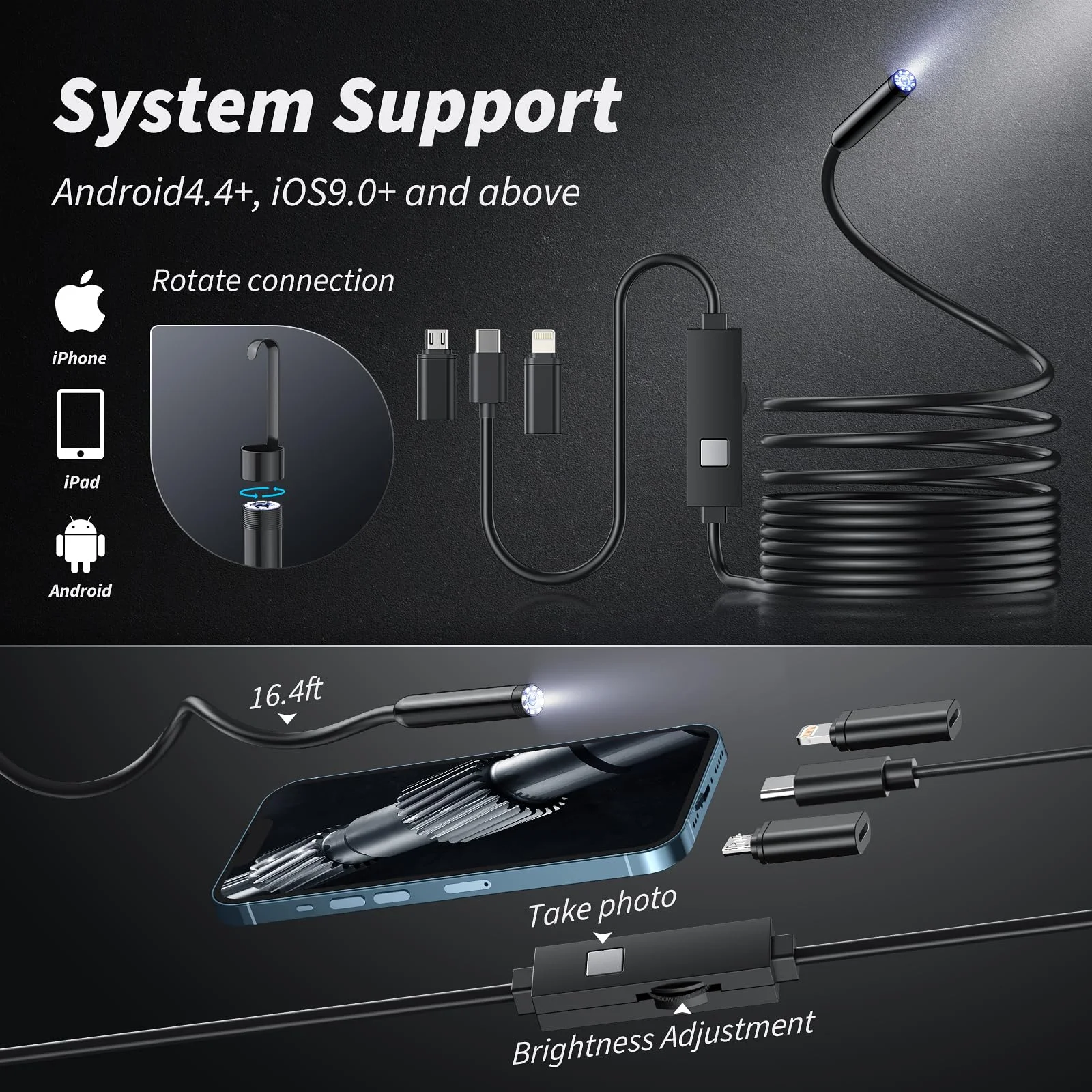 Endoscope Camera with Light, 1920P HD Borescope with 8 Lights, Waterproof for Pipe Inspection, Industrial Endoscope for Phones image 2