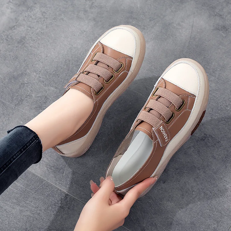 Handmade Genuine Leather Women Soft Soled Walking Sneakers Hook & Loop Skate Shoes Ladies Girl Student Vulcanized Flats Loafers