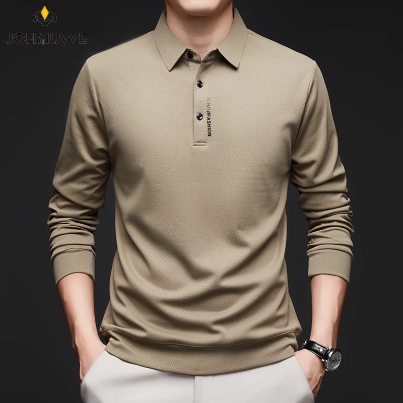 New Men's Business Casual Long Sleeved Shirt with Badge Solid Color Polo Shirt Fashionable Breathable Comfortable Versatile Top