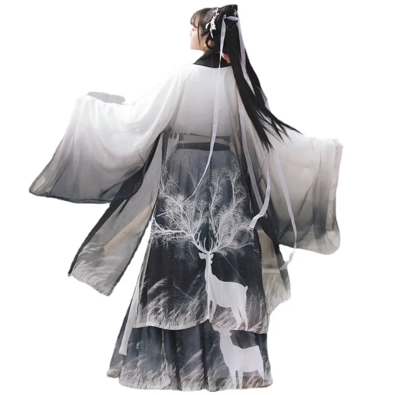 Traditional Hanfu Classical Black and White Gradient Folk Dance Costumes Retro Cross-Neck Waist-Length Dress Large Sleeve Shirt