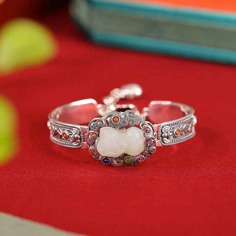 Hetian Jade S925 Sterling Silver Pixiu Fortune Before My Eyes New Style Retro Bracelet Jewelry