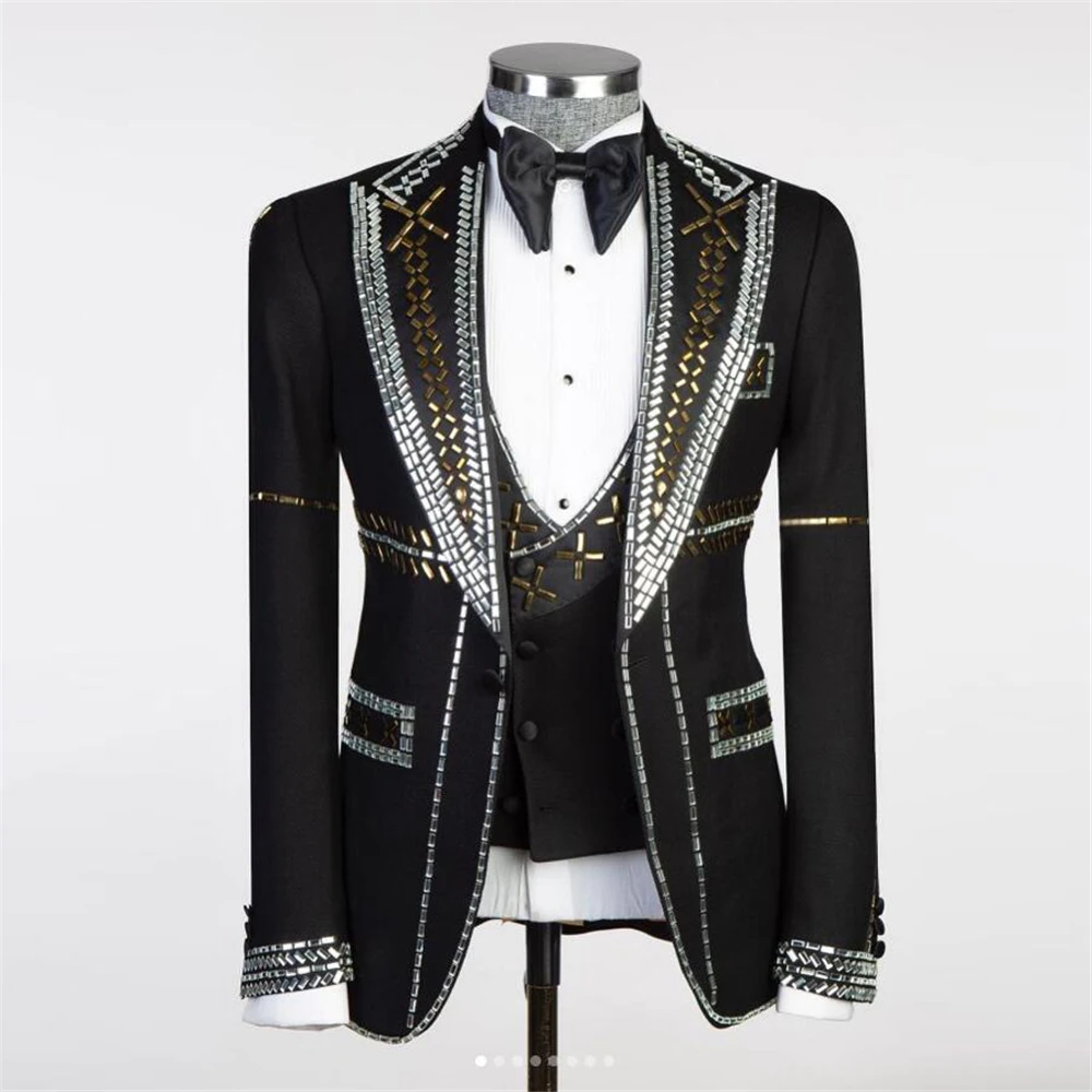 

Luxury Wedding Suits For Men Handmade Beaded Notch Lapel Jacket Vest Pants 3 Pcs Formal Groom Tuxedos Bespoke Male Fashion Dress