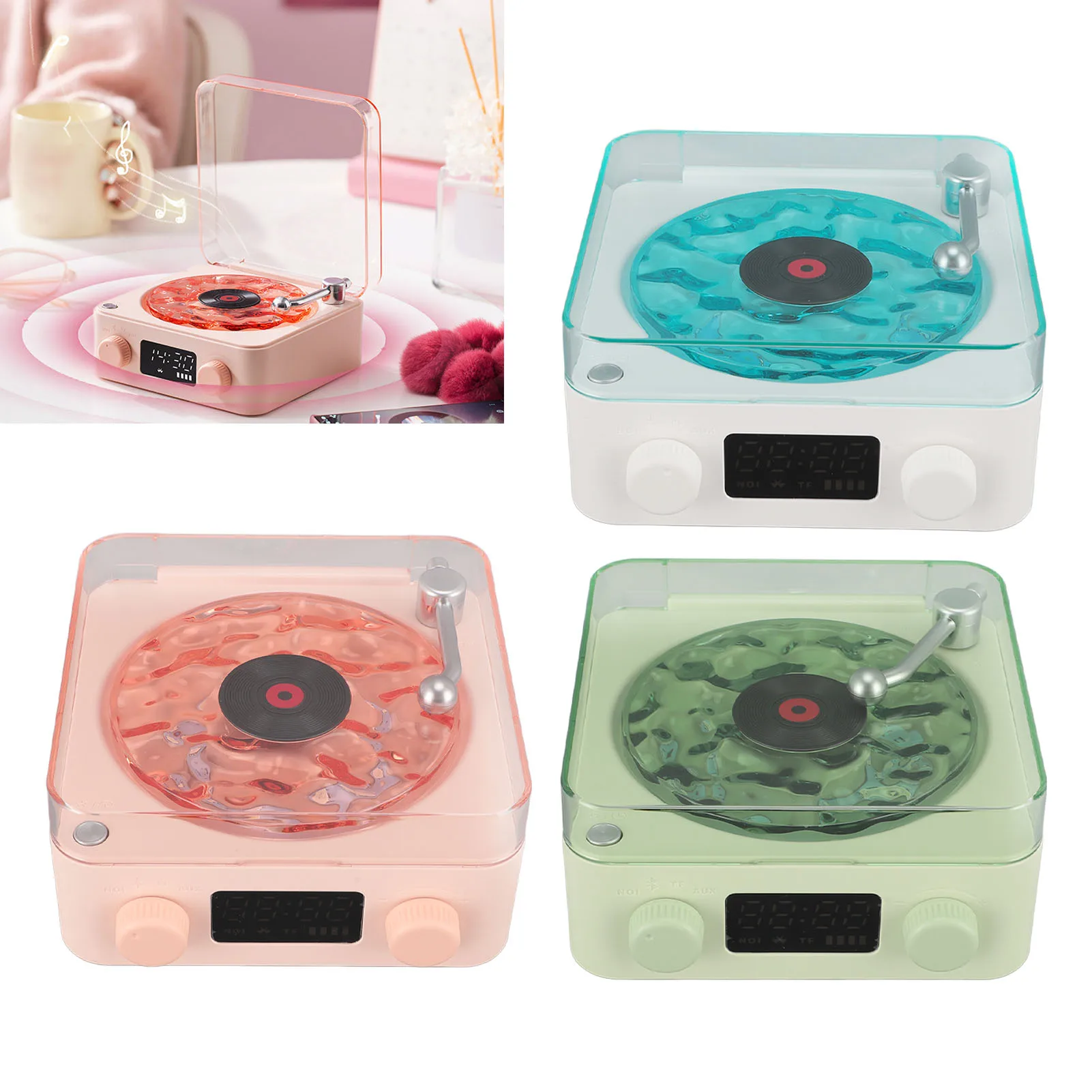 Record Player  Speaker Multifunction Stereo Sound Wireless Bluetooth Speaker with Night Light Battery Display for Office