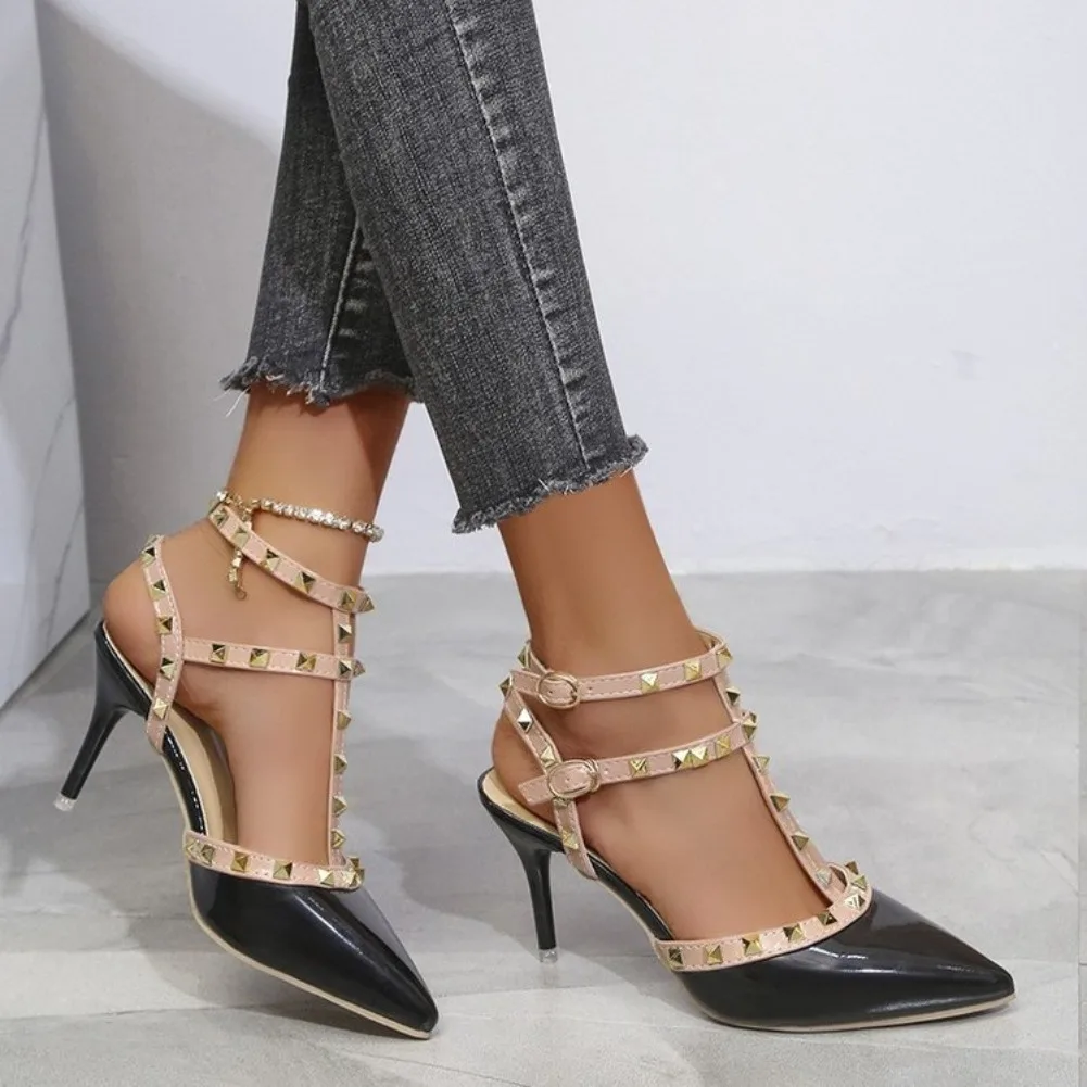 Damen Mode Sexy Sandalen 2026 Neue Spitzschuh-Design mit Schnalle und Nieten Trendige High Heels Schuhe für Kleider, Hochzeiten, Bankette und Partys