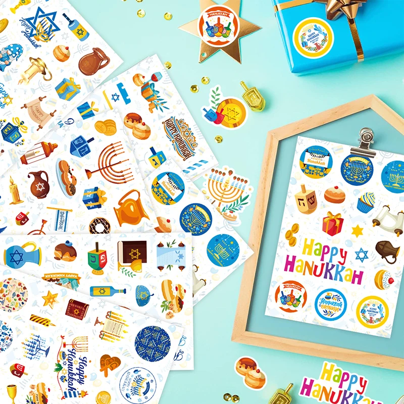 6 Sheets Cartoon Hanukkah Theme Candle Sealing Sticker Chanukah Round Gift Box Label for Jewish Happy Hanukkah Party Decoration