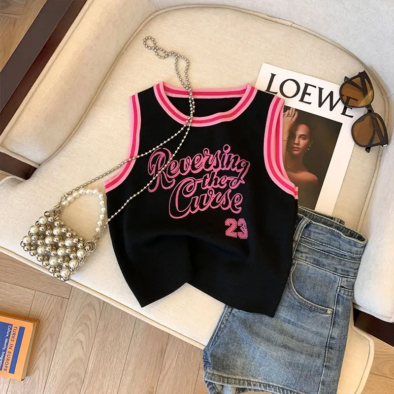 Summer American Sexy Dopamine Pink Printed Knitted Resort Sweet Spicy Girl Sleeveless Slim-fitting Short Vest