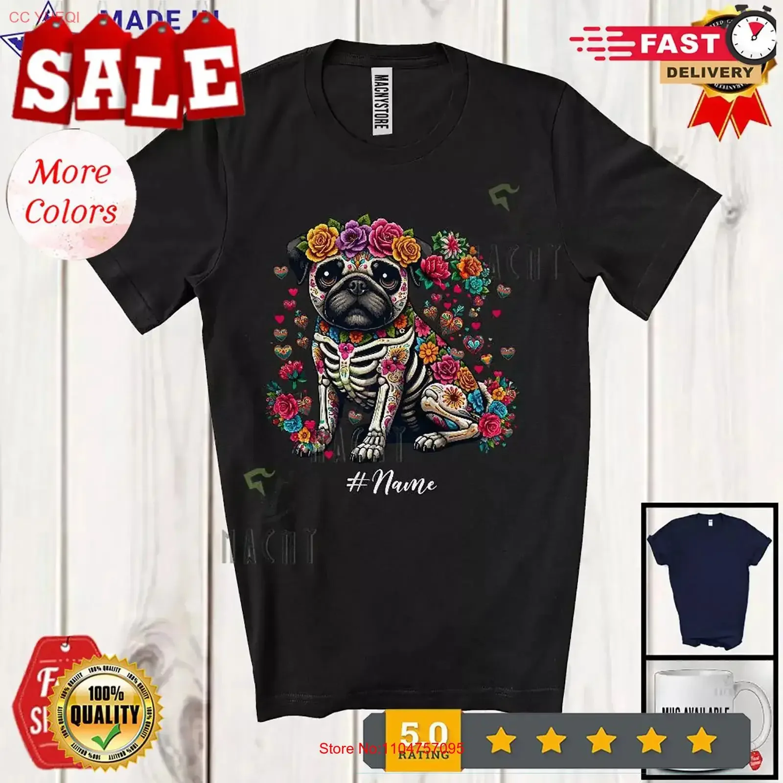 Custom Name Skeleton Pug Sugar Skull Adorable Dia De Los Muertos Mexican T Shirt vintage Washed Versatile graphic Slightly