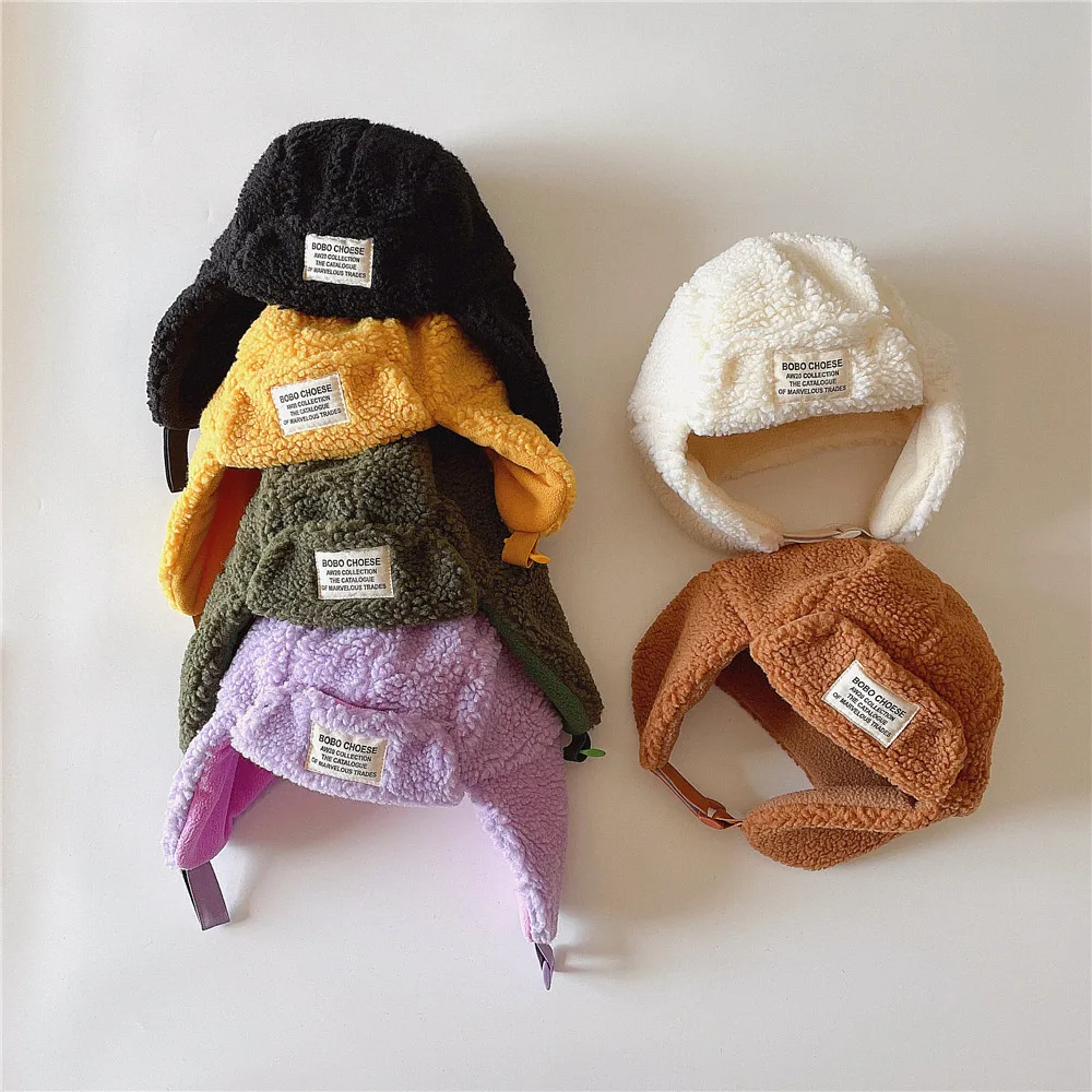 Winter Warm Lamb\'s Fleece Hat For Kid Girls Children Plush Soft Candy Color Adjustable Cute Hats Boys Ear Protection Cotton Cap