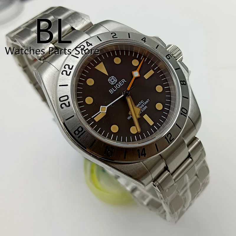 BLIGER 40mm Vintage NH34 GMT EXP Watch For Men Explore Black White Dial Orange Snowflake GMT Hands Green Lunimous Sapphire Glass