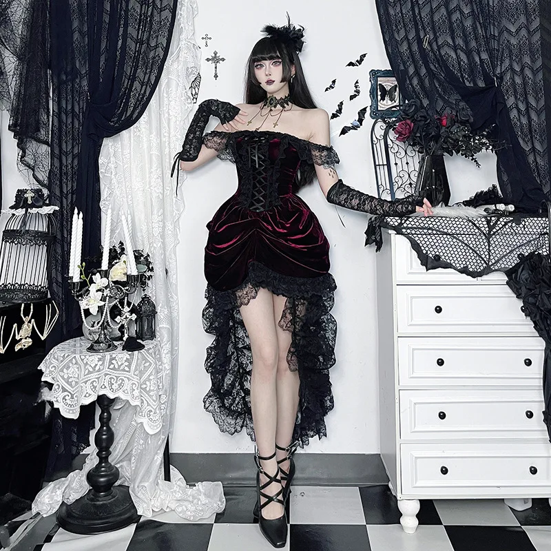 

Vintage Gothic Lolita Dress Women Dark Palace Style Aesthetic Lace Patchwork Strapless High Waist Bandage Corset Dress
