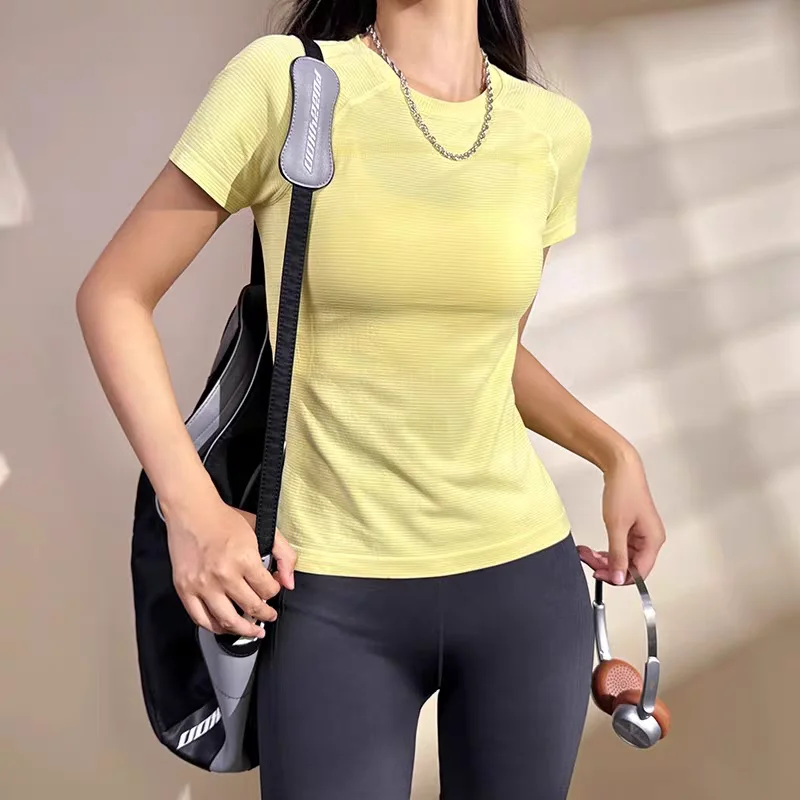 Damen Yoga-Top Nahtlose Sport-T-Shirts Fitnesskleidung Kurzarm Yoga-Shirt Gym-Top Lauf-Activewear Sport-Top – Detail 22