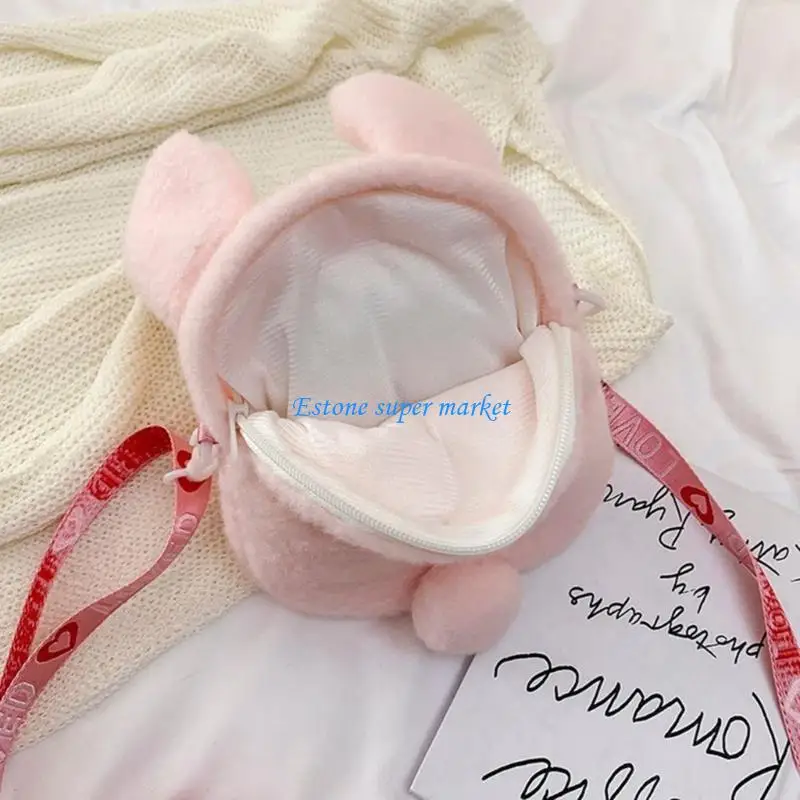 

090B Crossbody Bag for Teens Plush Bunny Bags Zipper Closure Removable Strap