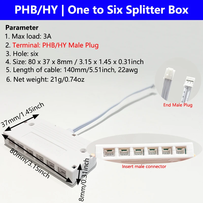 PHB/HY Port 3Pin One to Six Splitter Box with End Male Plug for Cabinet Light Junction Box 3A Double Color Light LED Splitters