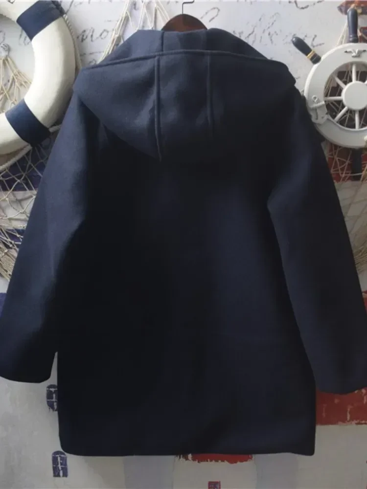 Chaqueta de lana Harajuku suave para niña, abrigos cálidos con parches de letras Retro, bolsillos grandes, hebilla de capó, Abrigo grueso de Tweed de algodón con capucha, 2026