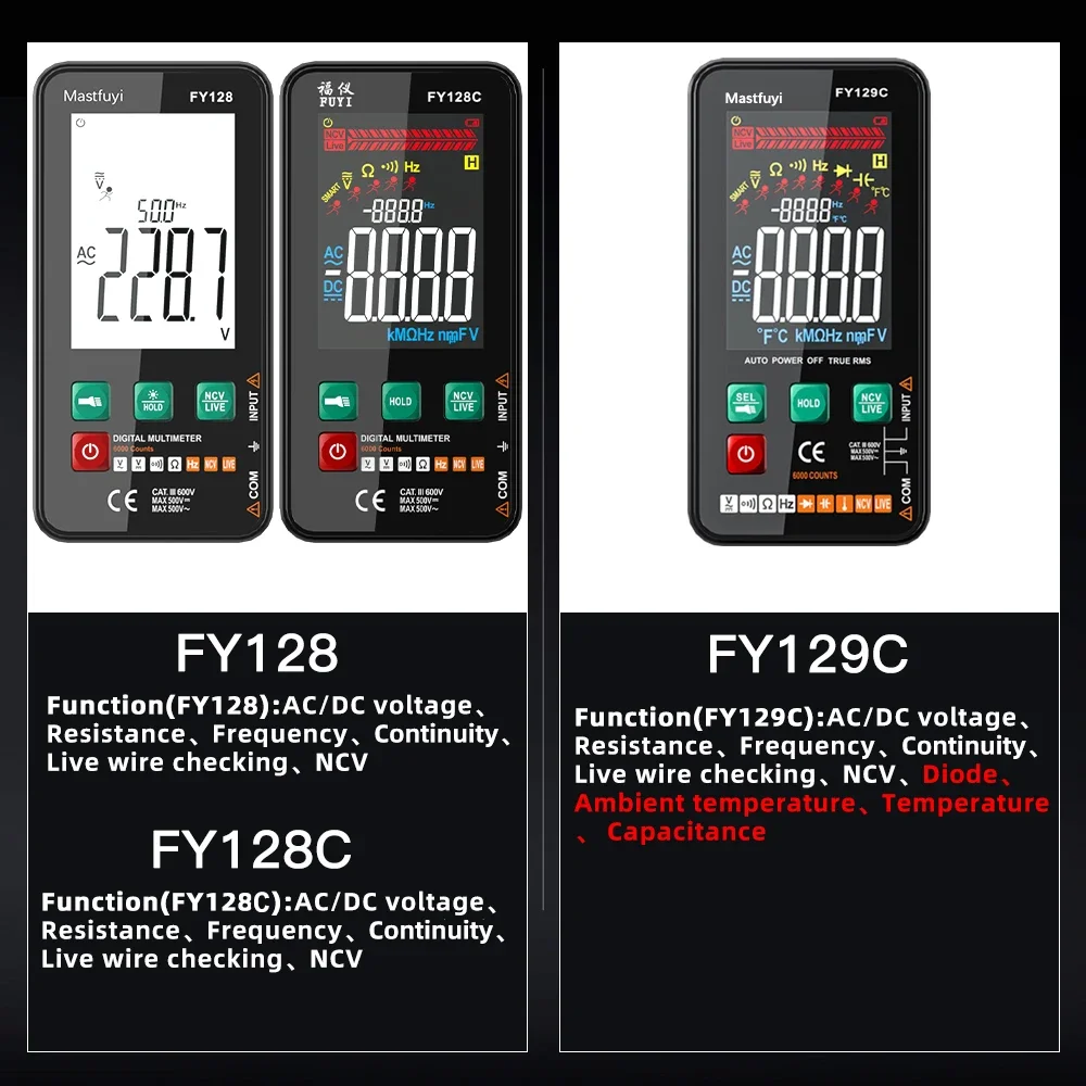 MASTFUYI Multifunction Large Screen Digital Multimeter DC/AC Voltage Autoranging Capacitance Resistance Diode Electrical Tester