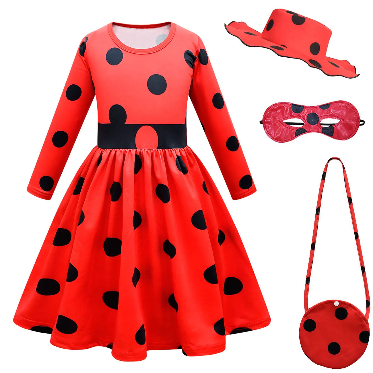 

4PCS Girls Little Beetle Halloween Disguise Costume Polka Dot Dress+Mask+Bag+Hat For Kids Fancy Carnival Children Birthday Party