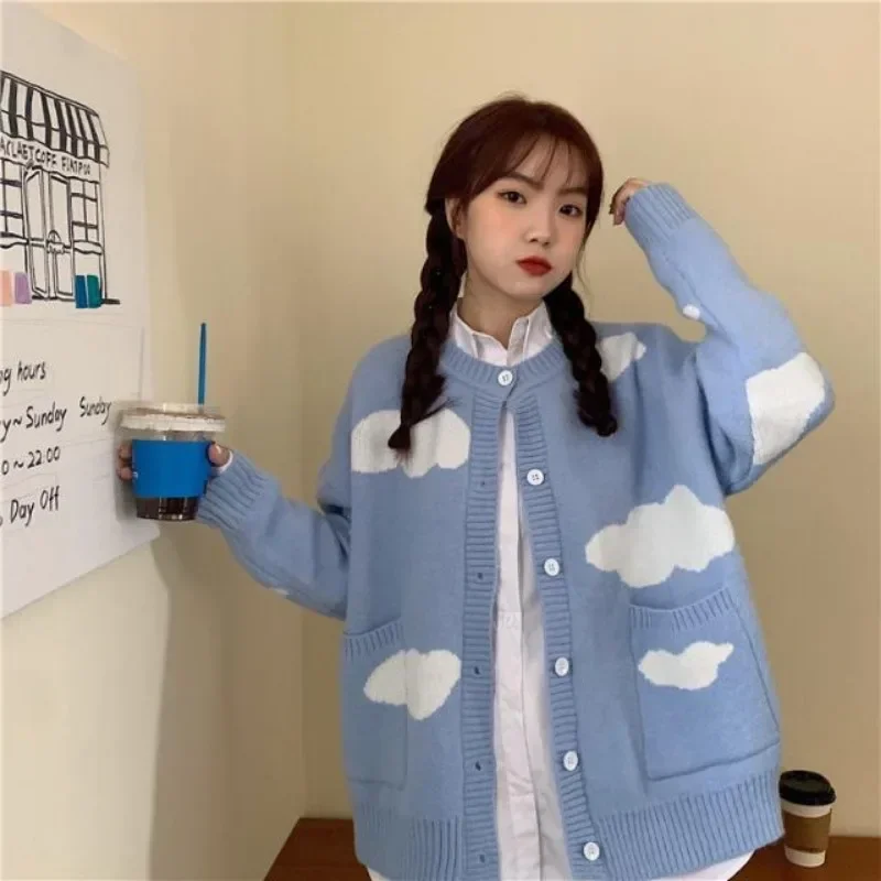 Korean Sweet Blue Sky Cloud Y2k Cardigan Women Preppy Style Loose Knitted Sweaters Coats O Neck Fashion Pockets Pull Femme