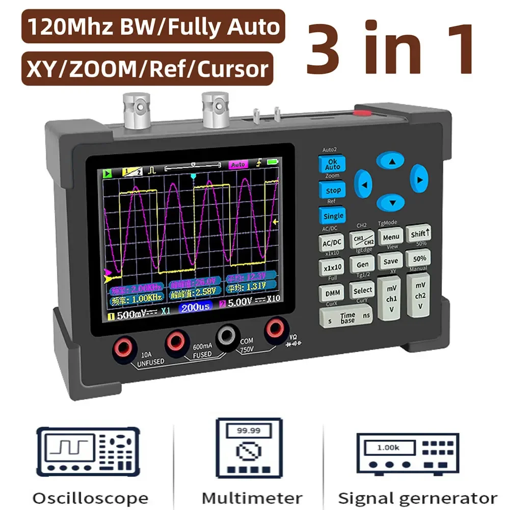 DSO3D12 3 in 1 Digital Oscilloscope Dual Channels 120Mhz Bandwidth Portable Digital Osiclloscopes Multimeter Waveform Generator