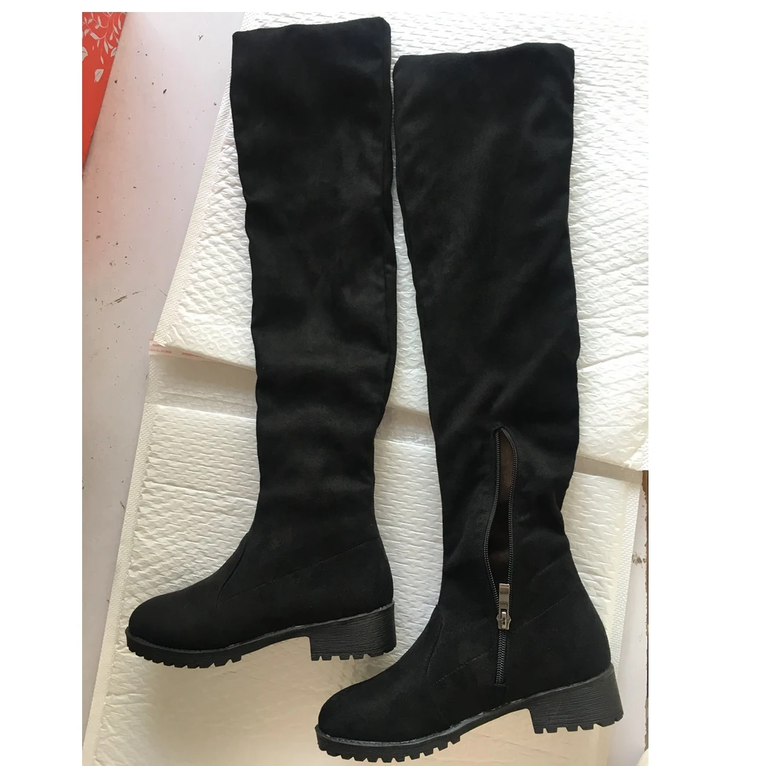 ORCHALISA 2025 Autunno Stivali alti al ginocchio Pelliccia Scarpe moda 4 cm Tacchi alti Morbido floccato Stretch Botas Big 43