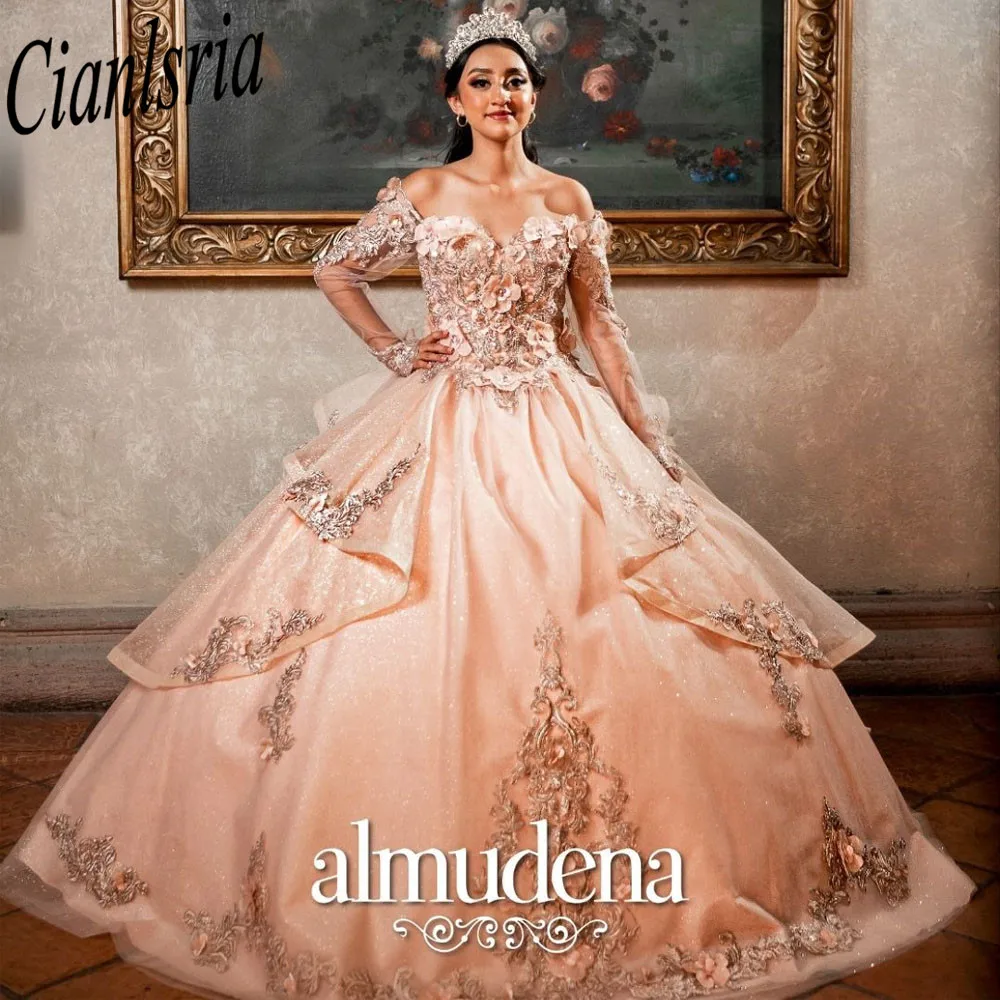 Vestidos de Quinceañera de princesa champán para niña, vestido de baile dulce 16, apliques de cuentas, vestido de fiesta de cumpleaños 15 °, 2023