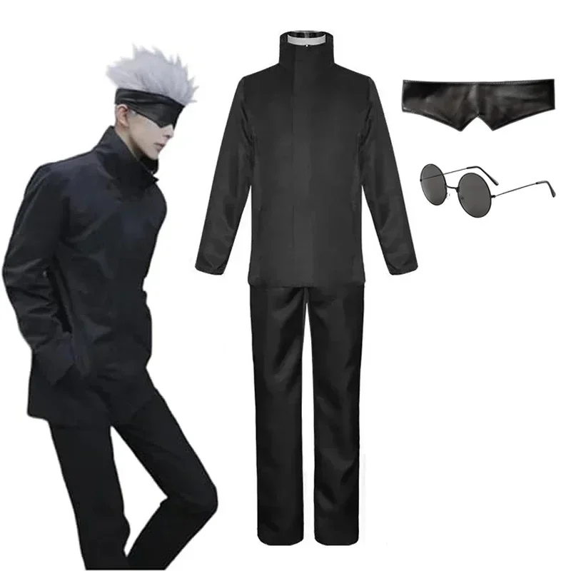 Anime Jujutsu Satoru Gojo Costume Cosplay Parrucche con benda sull'occhio Occhiali gratuiti Festa di Halloween Uomo Donna