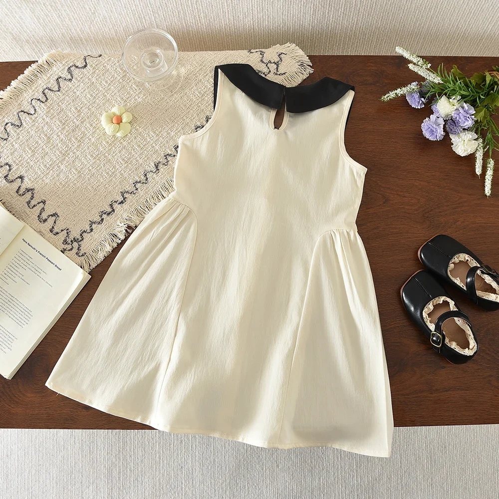 Bear Leader Clearance Sale Summer Fashion Black Lapel Sleeveless Kids Clothes Korean Version Beige Sweet Princess Girl Dresses