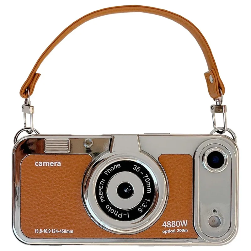 3D Vintage Kamera Handyhülle mit Handschlaufe für iPhone Air 17 16 15 14 13 12 Pro Max Plus 17Pro Stoßfeste Leder-Handyhülle
