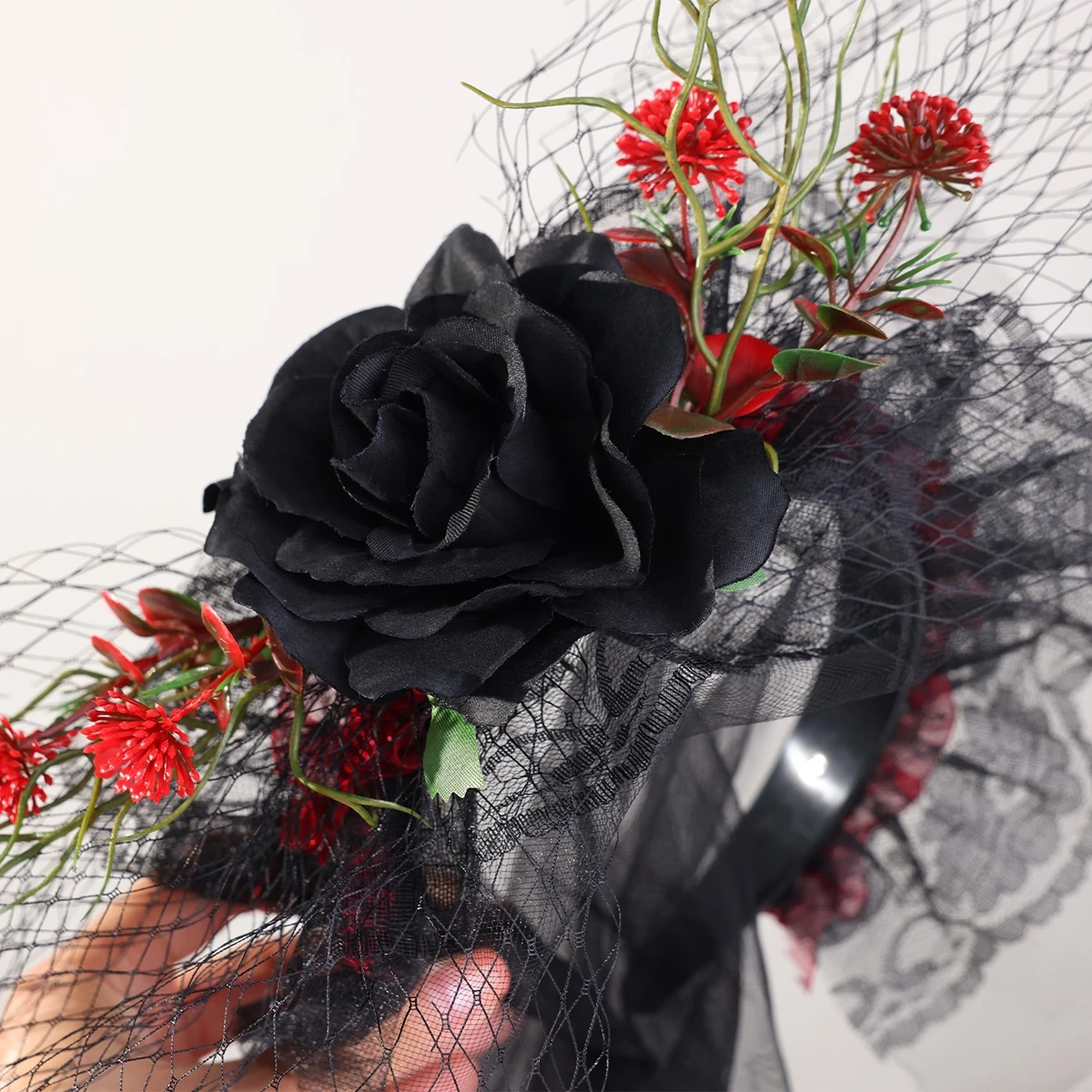 Black Rose Flowers Handmade Lace Hairbands With Veil For Halloween Party Women Bridal Headbands Hair Accessories image 3