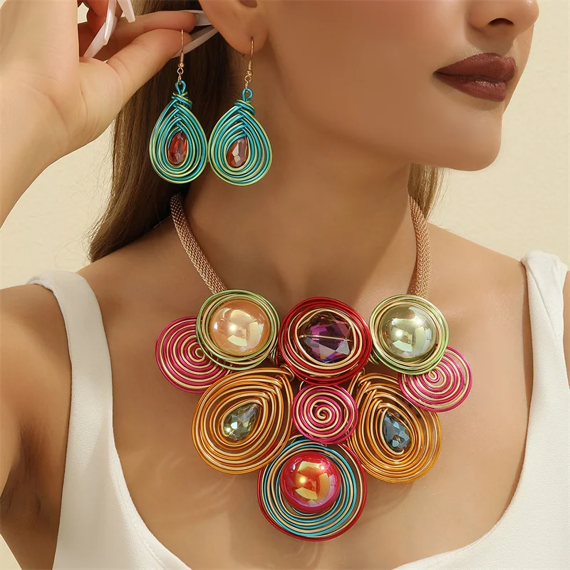 New African Flowers Jewelry Set Aluminium Wire Necklace Earrings Set For Women Party Wedding Dress