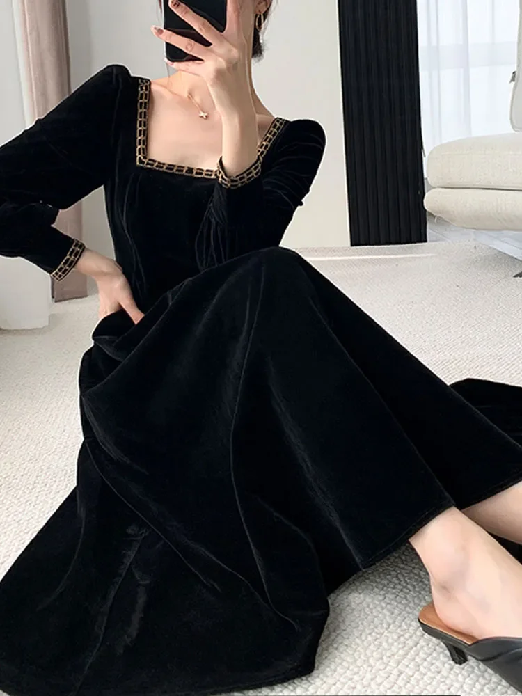 New French Vintage Elegant Dresses for Women Long Sleeve Streetwear Office Lady Solid Square Collar 2023 New Autumn Winte Dress