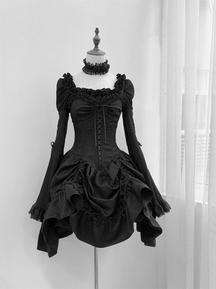 

Women Gothic Lolita 2 Piece Sets Y2k Puff Sleeve Corset Design Tops Ruffled Skirt Female Black French Vintage Elegant Outfits