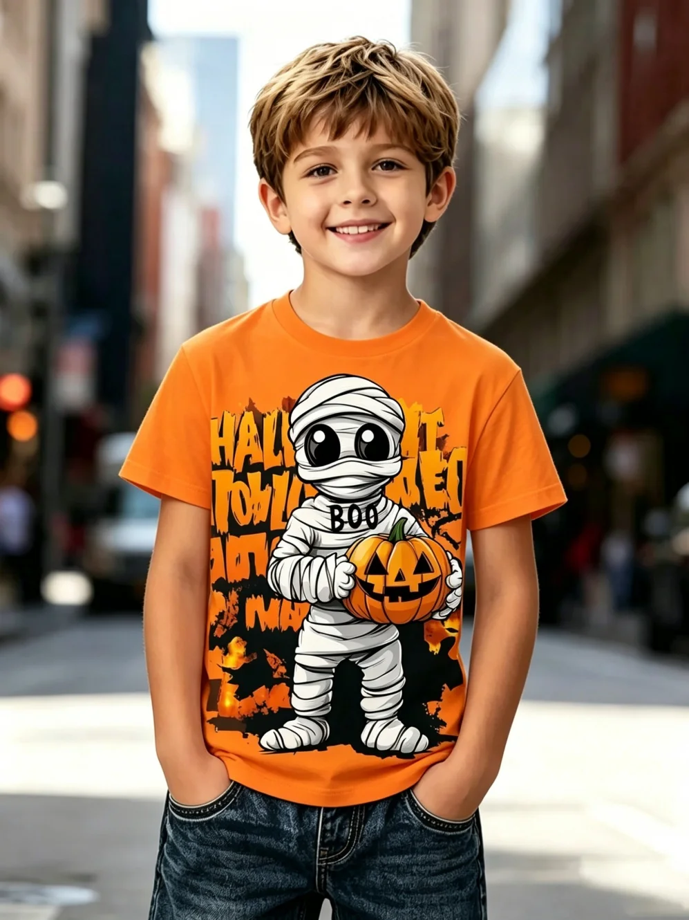 Children's Clothing Halloween Funny Hugging Pumpkin Ghost Print Top Perfect for Trick-or-Treating Short Sleeve Kids Clothes Boy