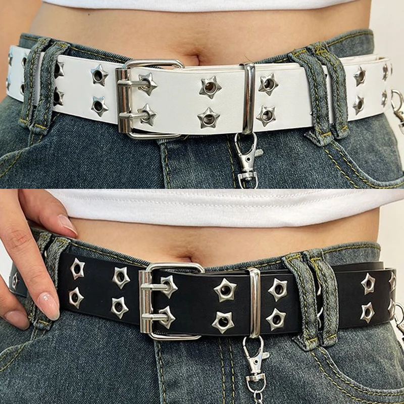 110 ซม.เข็มขัดเอว Y2K Punk Rivet เข็มขัดหนังผู้หญิงผู้ชาย PU สีดําสีขาวสายรัดเอวคู่แถว Hollow สําหรับกางเกงยีนส์กระโปรงตกแต่ง