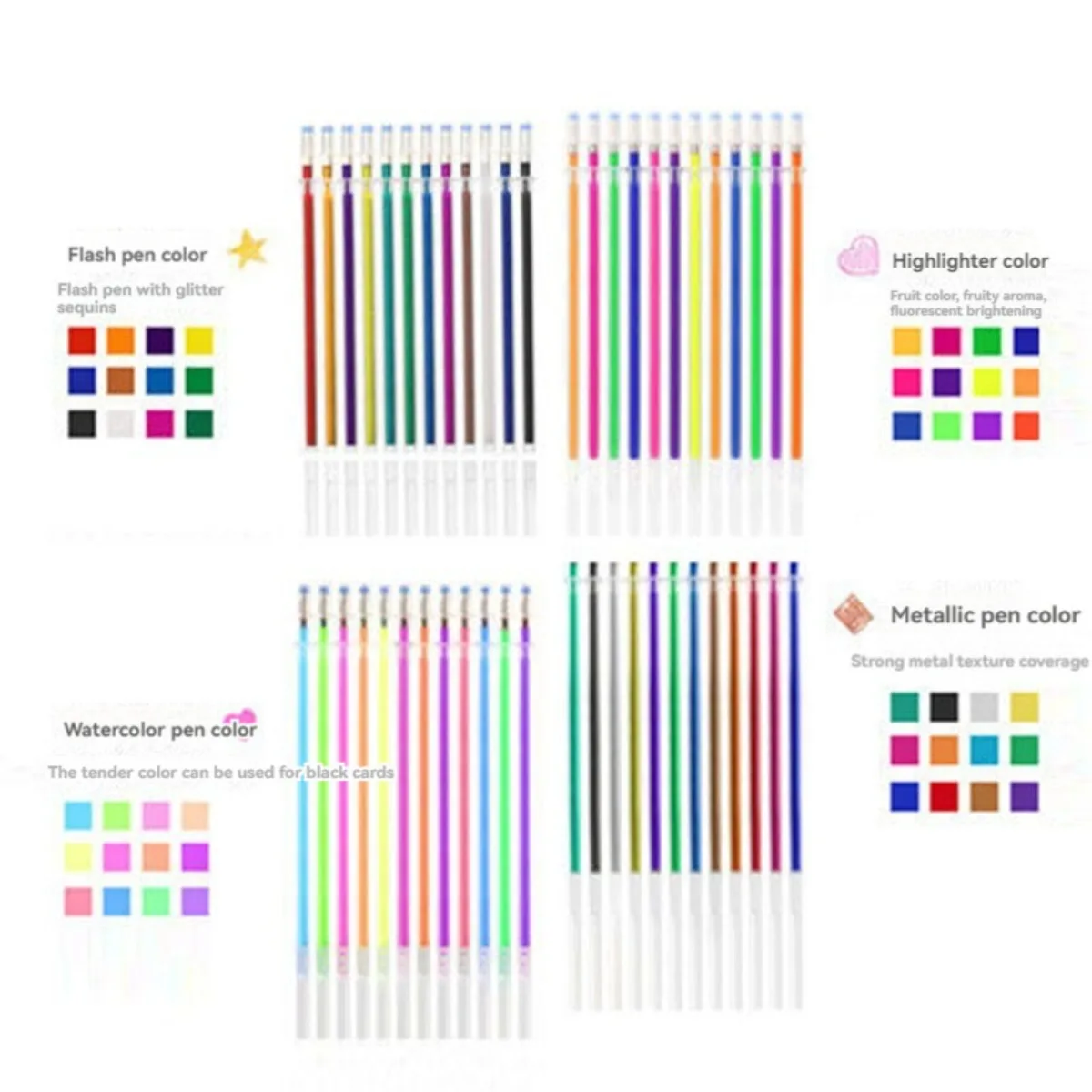 48/100 Color Glitter Gel Pen Refills Bulk – 1.0mm Tip, Vibrant Metallic & Fluorescent Ink School, Office, Art Stationery