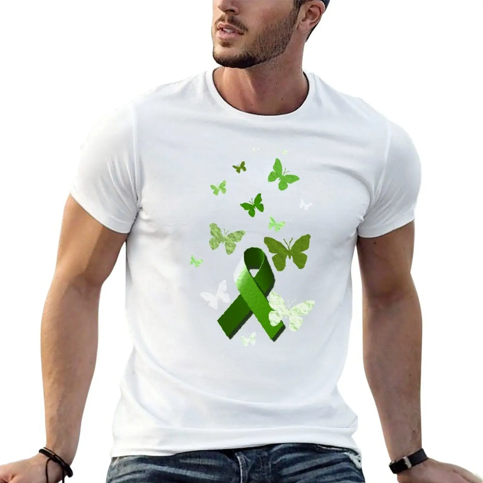 Green Awareness Ribbon with Butterflies T-Shirt funny t shirts man cotton tshirt 100% man t shirts cotton T-shirt
