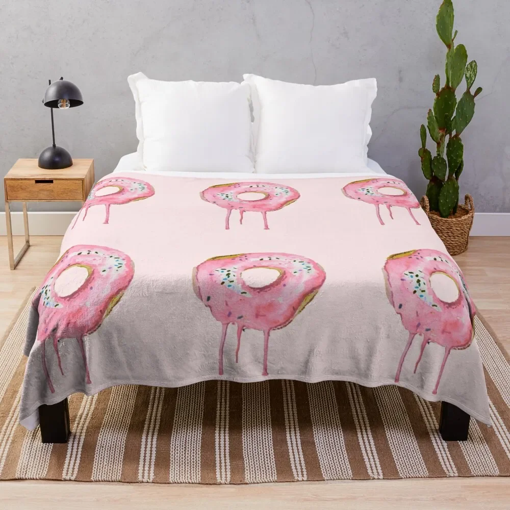 Dripping Doughnut Bubble gum pink in Watercolor Throw Blanket Flannels sofa bed anime Cute Plaid Blankets