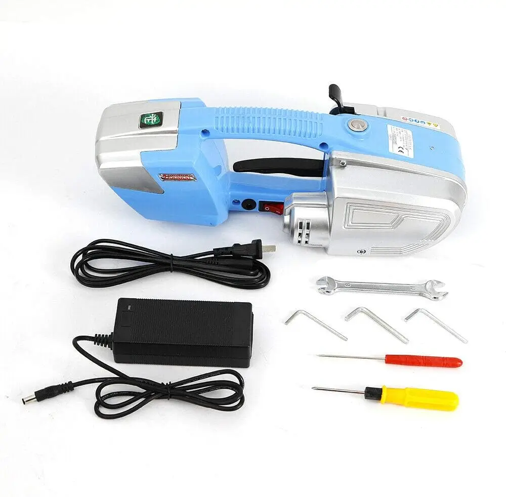 Máquina flejadora eléctrica para correa de PP/PET de 1/2-5/8 de pulgada de ancho, herramienta automática con paleta de caja de fusión en caliente de dos baterías de 4000mAh P