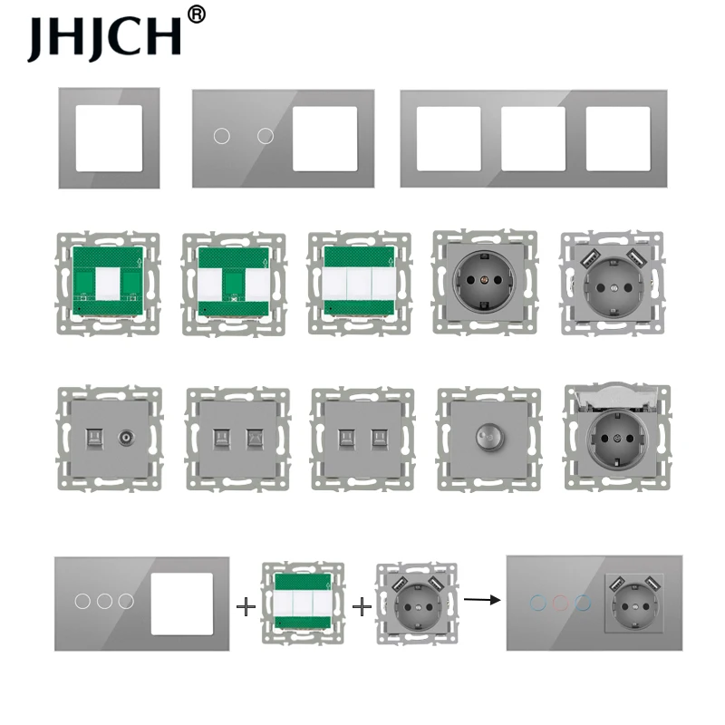 Jhjch-壁掛けモジュール,壁に取り付けられた,ヨーロッパ標準,灰色のガラスパネル,電源,tpc c,usbソケット,タッチスイッチの組み合わせ