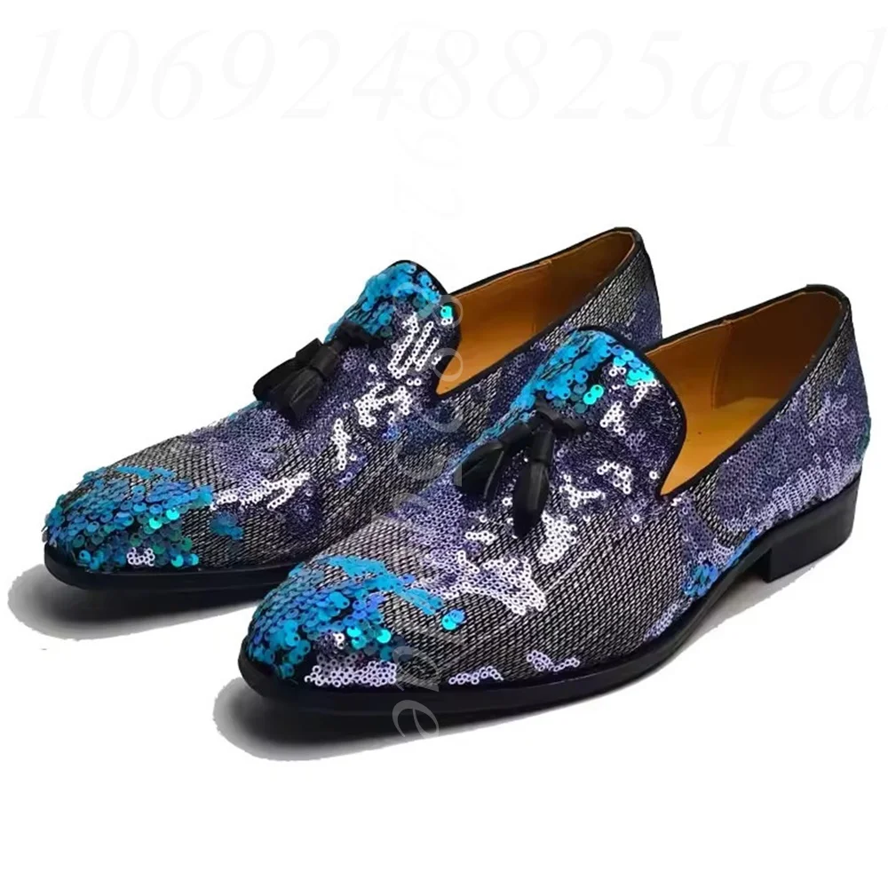 

Stylish Men's Sequin Embellished Tassel Loafers – Glittering Blue & Purple Slip-On Dress Shoes for Prom, Party and Formal Events