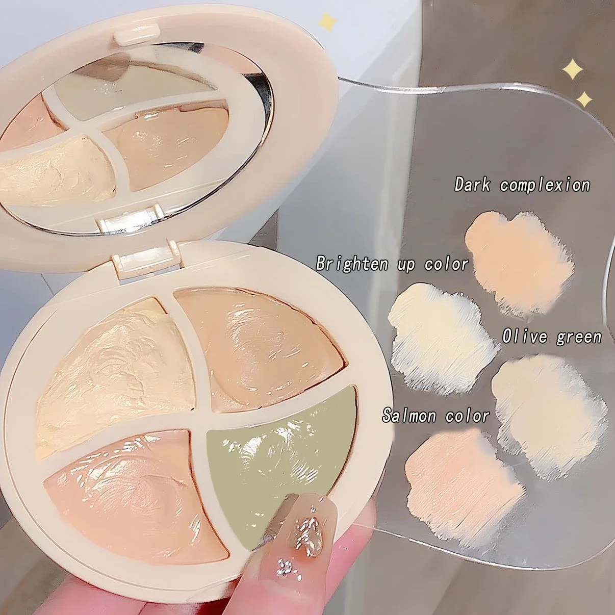 Paleta de corretivo à prova d'água 4 em 1, hidratação natural de longa duração, textura cremosa, cobre manchas/círculos escuros/acne