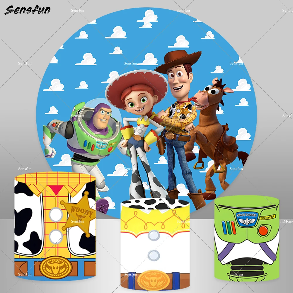 Cartoon Toy Story Round Backdrop for Boy Birthday Party Decoration Blue Sky White Clouds Baby Shower Circle Background Banner