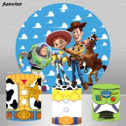 Cartoon Toy Story Round Backdrop for Boy Birthday Party Decoration Blue Sky White Clouds Baby Shower Circle Background Banner